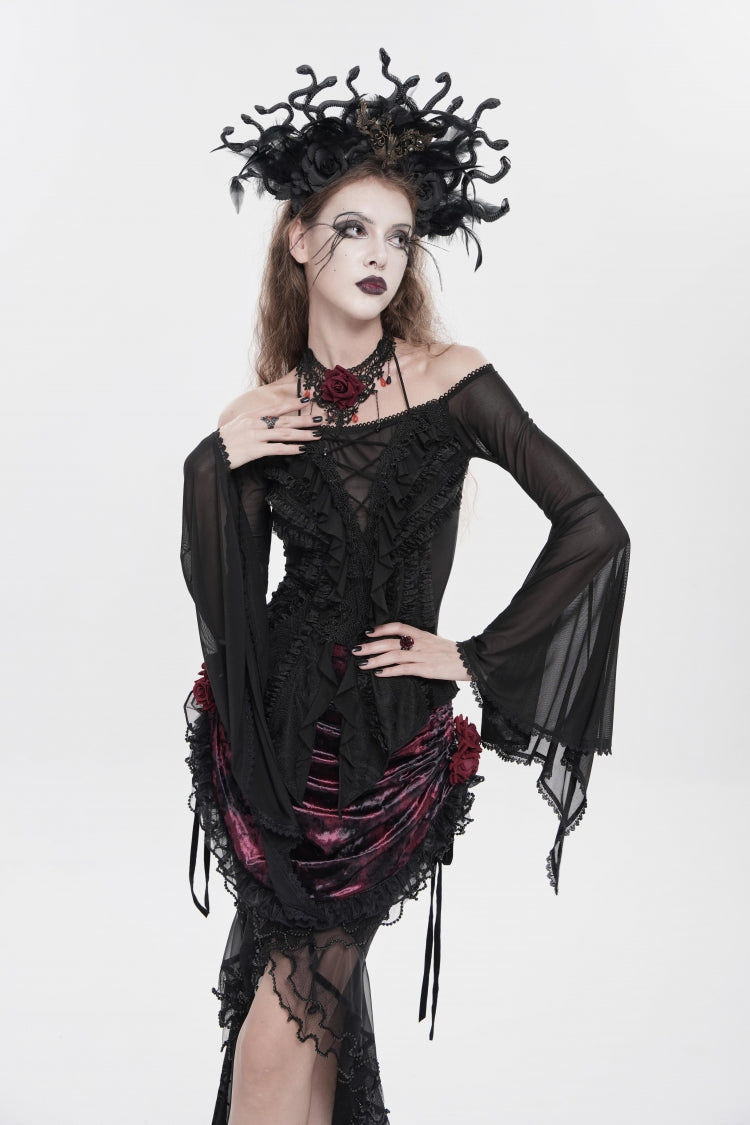 Black Off Shoulder Long Trumpet Sleeves Ruffled Embroidered Lace-Up Women's Gothic Blouse - Product - 2