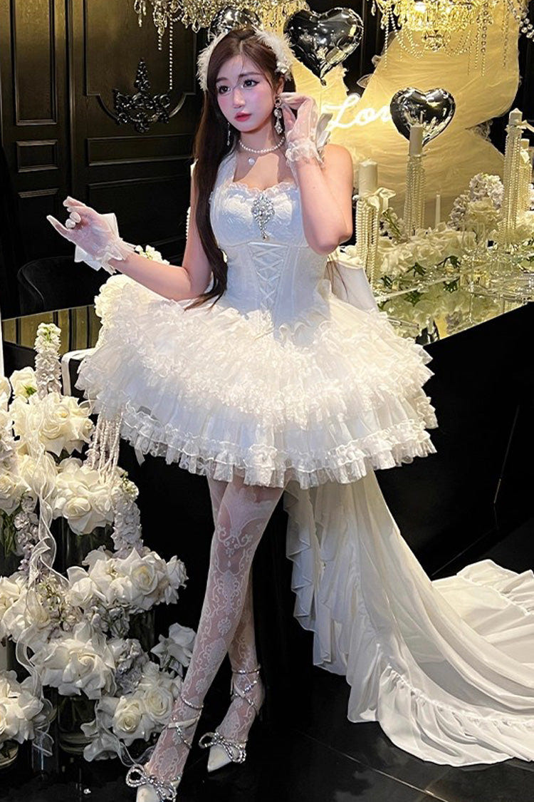 White [Dream] Halterneck Sleeveless Triple-Layered Ruffle Hanayome Lace Lace-Up Sweet Princess Lolita Dress - Product - 3