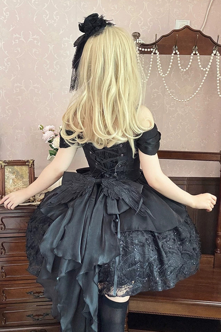 Black [Feathers Floating In The Air] Square Collar Flutter Sleeves Embroidered Bow Lace Gothic Lolita Jsk Dress - Product - 2