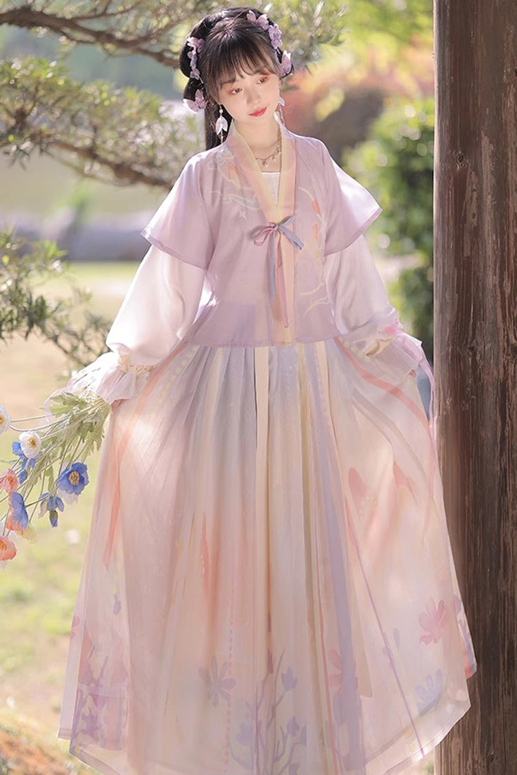 Multi-Color Round Collar Long Trumpet Sleeves High Waisted Print Sweet Hanfu Full Set - Product - 2