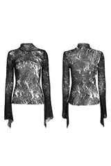 Black /White Punk Pleated Half Turtleneck Irregular Sexy Long Sleeve Lightweight Women's T-Shirt - Product - 5