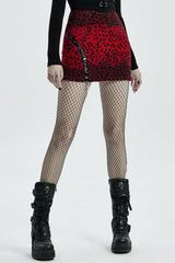 Red Leopard Print Leather Strap Decoration Women's Steampunk Mini Skirt - Red - 1