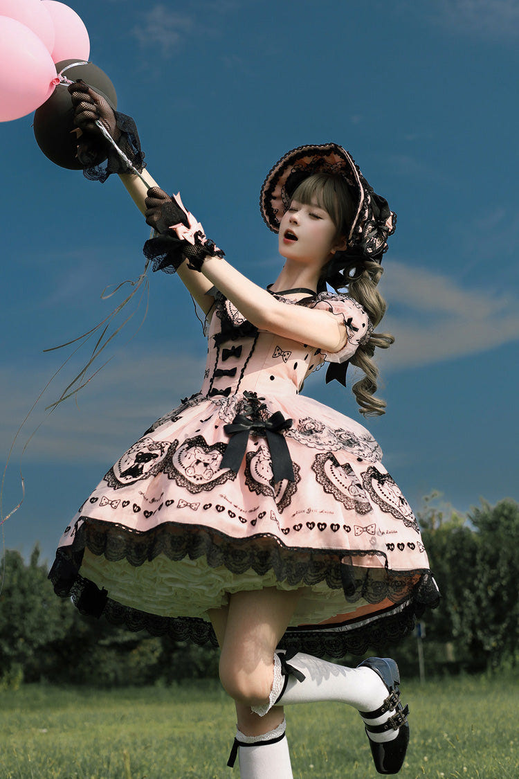 Pink [Sugar Bear] Square Collar Short Sleeves Embroidered Bow Sweet Lolita Dress (Bow Train Included) - Product - 6