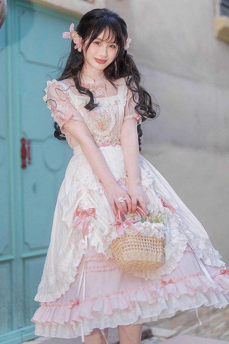 Pink Stand Collar Short Sleeves Ruffled Embroidered Lace Sweet Chinese Inspired Lolita Dress - Product - 8
