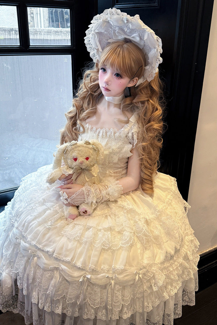 White [Eternal Floral Message] Square Collar Sleeveless Multi-Layered Hanayome Embroidered Bow Lace Sweet Lolita Jsk Dress - Product - 8