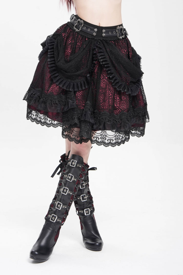 Black/Red Multi-Layered Ruffle Buckle Straps Women's Gothic Skirt - Product - 4