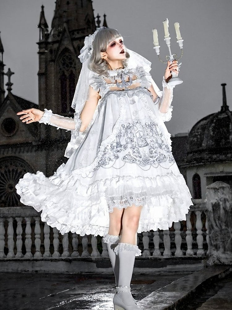 Gothic White Candle Print Waistless Lolita JSK Dress with Lace Details + Choker + Candle Embroidered Brooch Set - view 8