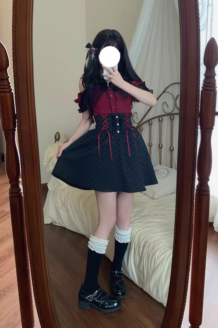 Black/Red [Overture to the Dead] Off Shoulder Short Sleeves Ruffle Bowknot Lace-Up Gothic Jirai Kei Japanese Skirt Set - Product - 4
