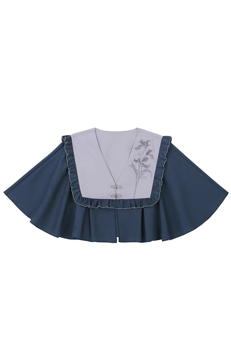 Black/Blue Round Collar Long Sleeves Print Slim Women's Classic Hanfu Dress Three-piece Set - Product - 7