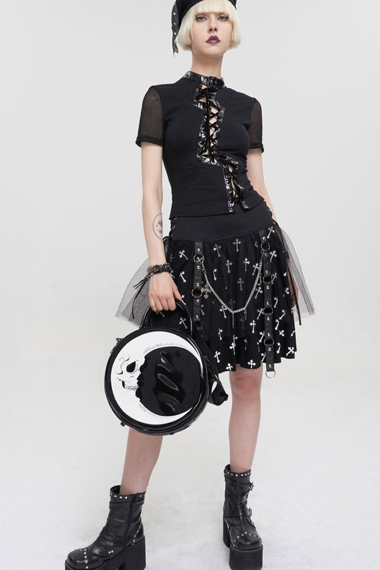 Black Punk Short Sleeve Irregular Drawstring Bright Leather Neckline Mesh Cuffs Women's T-Shirt - Product - 6