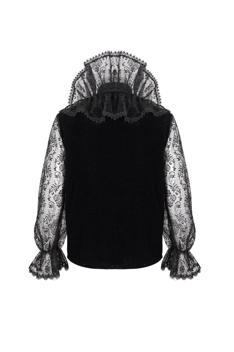 Black Lotus Leaf Stand Collar Semitransparent Lace Long Sleeved Men's Gothic Shirt - Product - 8