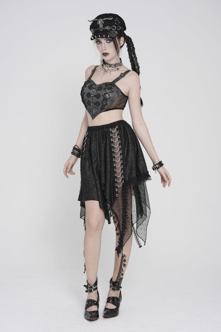 Black Lace Irregular Chain-Decorated Women's Punk Streamer Skirt - Product - 4