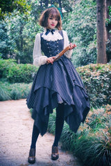 Black Sleeveless Striped Print Lace-Up Irregular Hem Gothic Lolita Dress - Product - 3