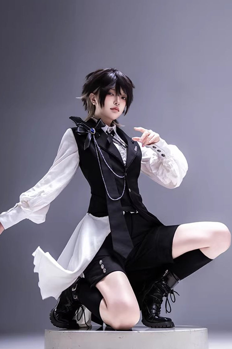 Black/White [Black Tea Concerto] Bow Asymmetric Ouji Fashion Gothic Prince Lolita Vest Top Shorts Set - Product - 4