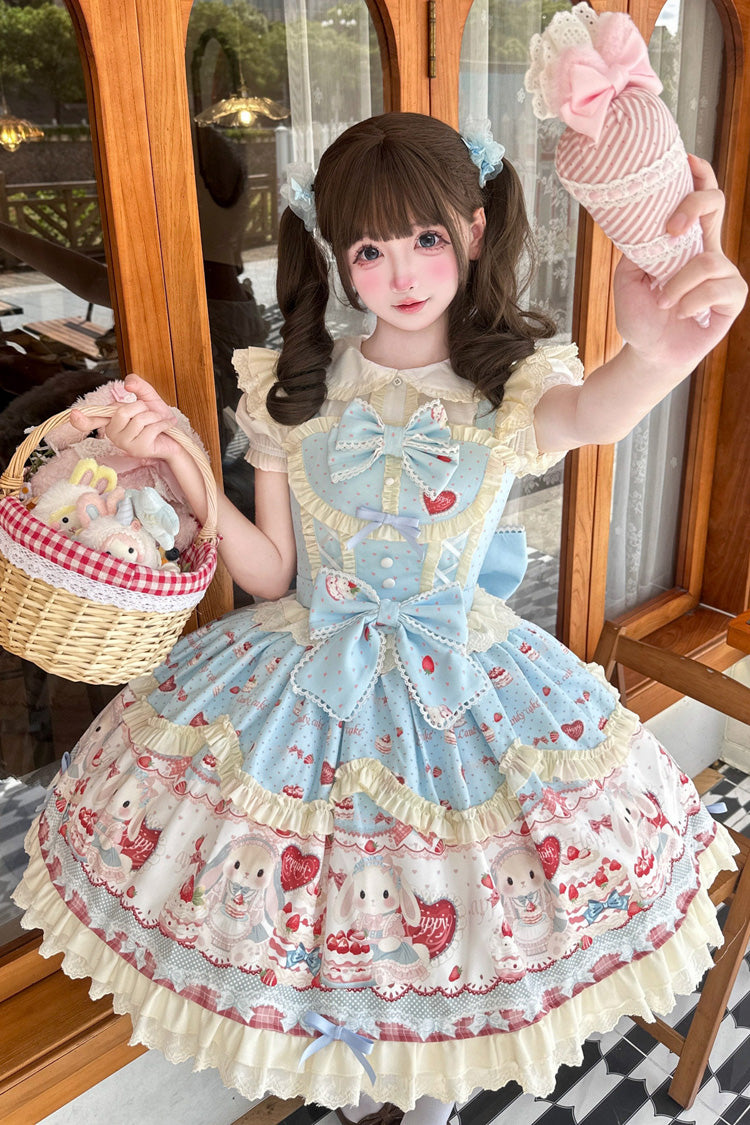 Blue [Cute Rabbit Party] Sleeveless Double-Layered Printed Ruffled Bow Sweet Lolita Jsk Dress - Product - 6
