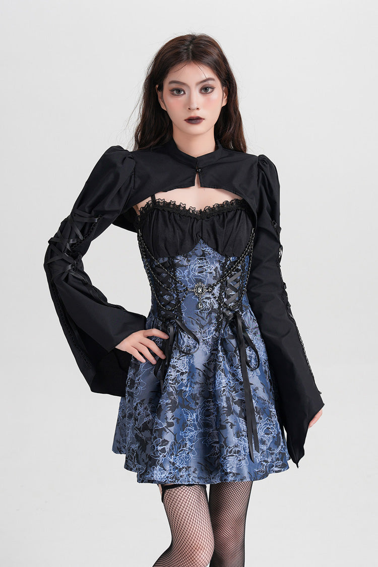 Blue Sleeveless Jacquard Printed Spliced Lace-Up Gothic Vintage Lolita Jsk Dress - Product - 9