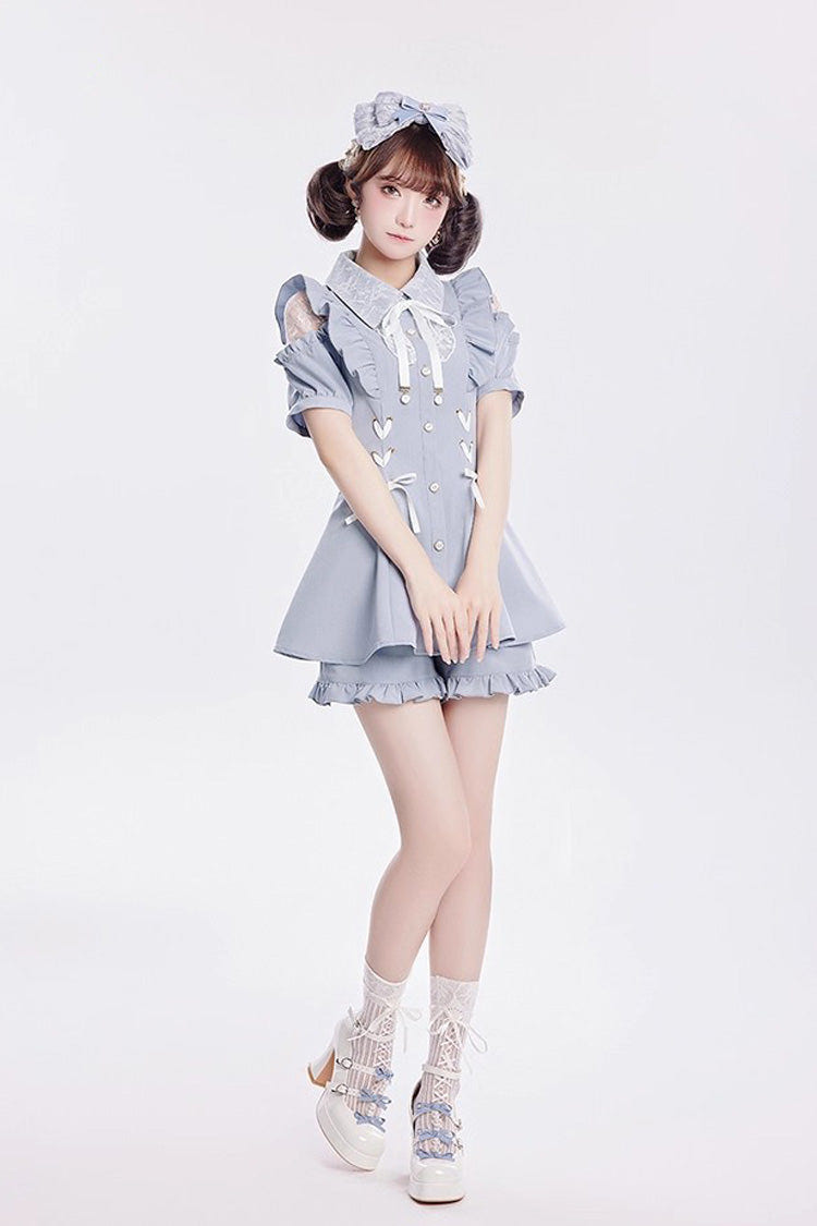 [Alice of Wednesday] Sweet Off Shoulder Short Sleeves Ruffle Bowknot Lace-Up Japanese Jirai Kei Dress Shorts Set 3 Colors - Product - 2