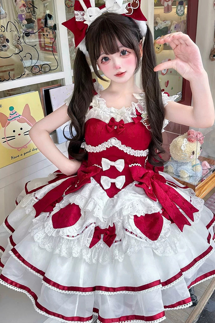 Red [Velvet Rabbit] Sleeveless Multi-Layered Ruffled Bow Sweet Lolita Jsk Dress Set - Product - 5