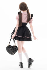Black/Pink First Sakura Short Sleeves Multi-layer Lace-Up Sweet Jirai Kei Japanese Set - Product - 10