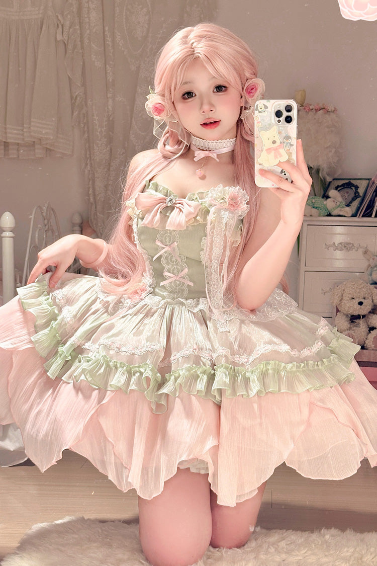 Pink/Green Summer Garden Ruffle Embroidery Bowknot Lace Sweet Lolita Jsk Short Dress - Product - 11