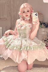 Pink/Green Summer Garden Ruffle Embroidery Bowknot Lace Sweet Lolita Jsk Short Dress - Product - 11