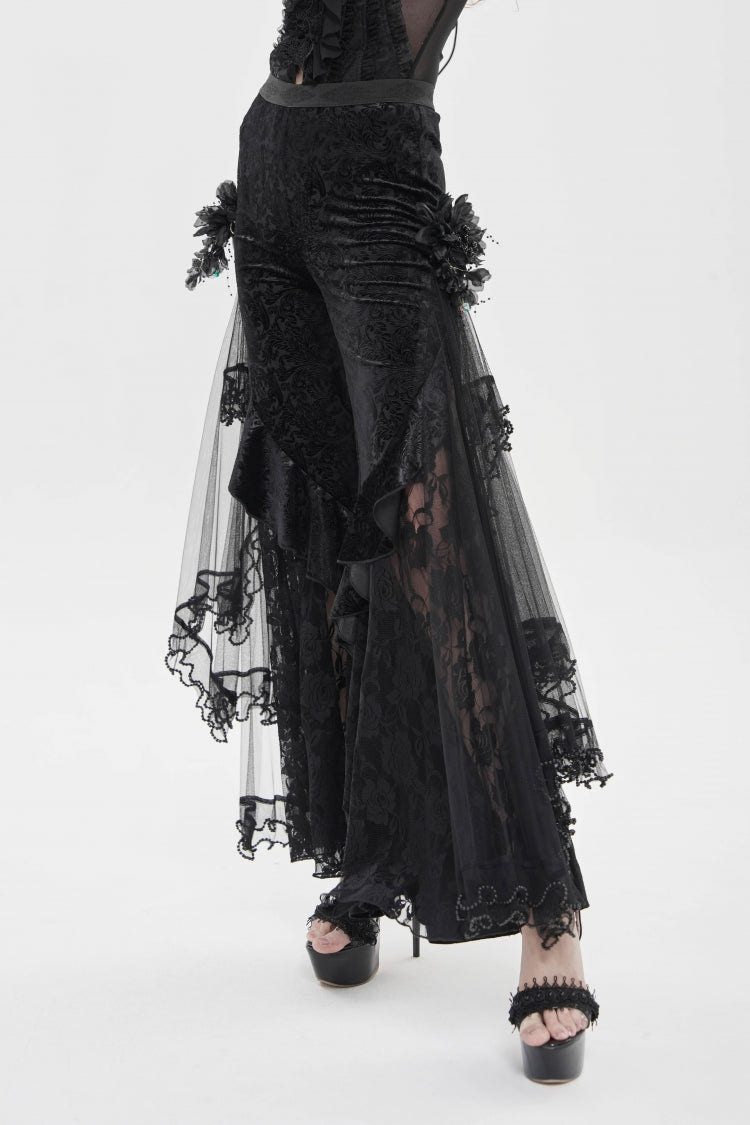 Black Embroidered Lace Women's Printed Mesh Floral Gothic Pants - Product - 7