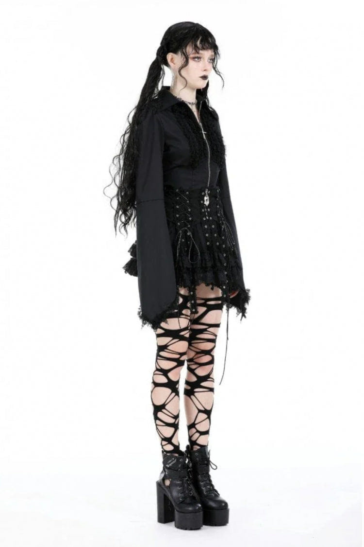 Black Layered Lace Mesh Lace-Up Zippered Women's Punk Mini Skirt - Product - 2