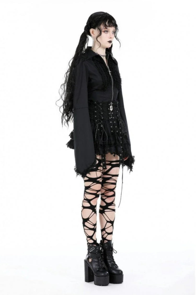 Black Layered Lace Mesh Lace-Up Zippered Women's Punk Mini Skirt - Product - 2