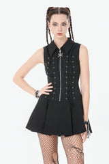 Black Point Collar Sleeveless Skull Zip Women's Punk Dress - Black - 1