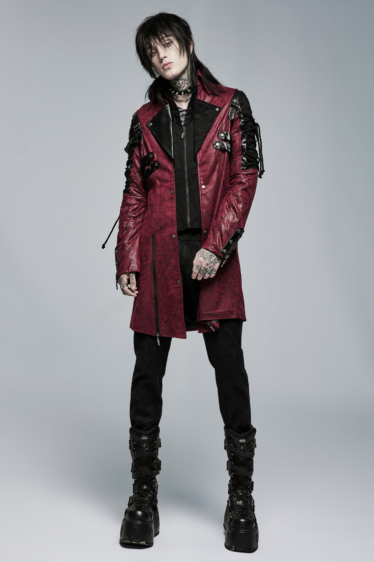 Red Metal Buckle Decoration Zipper Mens Steampunk Windbreaker Coat - Product - 7