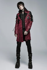 Red Metal Buckle Decoration Zipper Mens Steampunk Windbreaker Coat - Product - 7