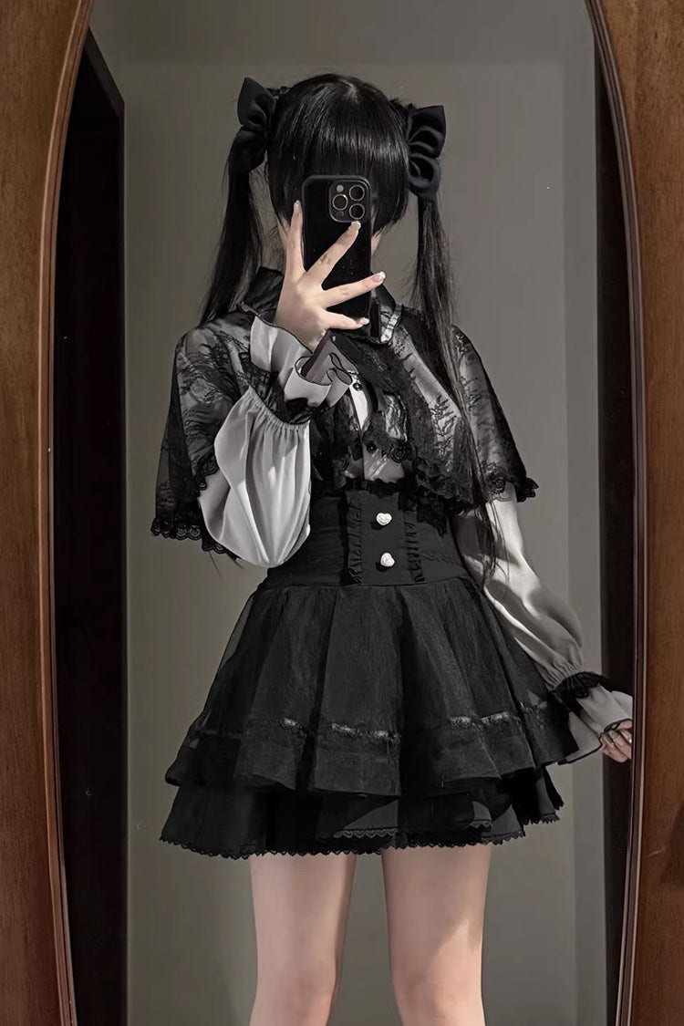 [Law of Disorder] Lapel Collar Long Sleeves Bow Lace Sweet Jirai Kei Skirt and Top 3 Colors - Top(Aqua) - 3