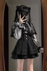 [Law of Disorder] Lapel Collar Long Sleeves Bow Lace Sweet Jirai Kei Skirt and Top 3 Colors - Top(Aqua) - 3