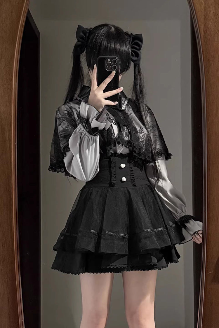 [Law of Disorder] Lapel Collar Long Sleeves Bow Lace Sweet Jirai Kei Skirt and Top 3 Colors - Top(Aqua) - 3