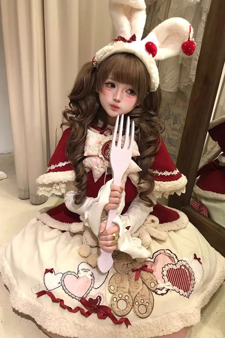 Red [New Year] Long Sleeves Embroidered Bow Lace Sweet Lolita Skirt and Rabbit Ears Cloak Set - Product - 6
