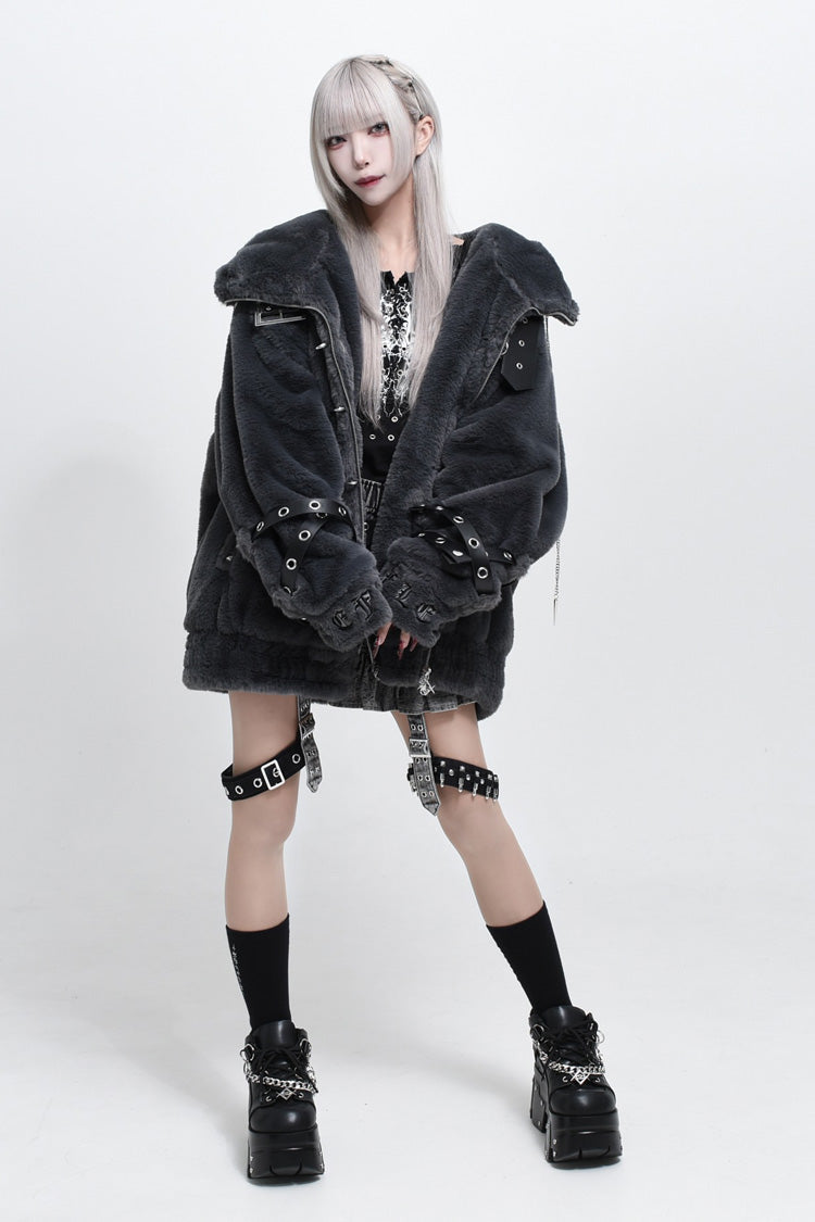 Jirai Kei Long Sleeves Hooded Zipper Punk Japanese Coat With Cross Leather Buckles 2 Colors - Product - 3