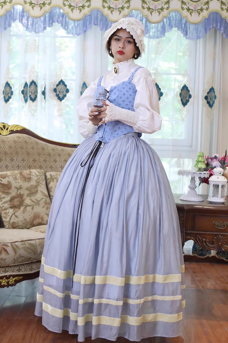 Light Blue [Bashu Girl] Long Puff Sleeves Print Lace-Up Fishbone Corset Sweet Lolita Skirt Dress Three-Piece Set - Product - 6