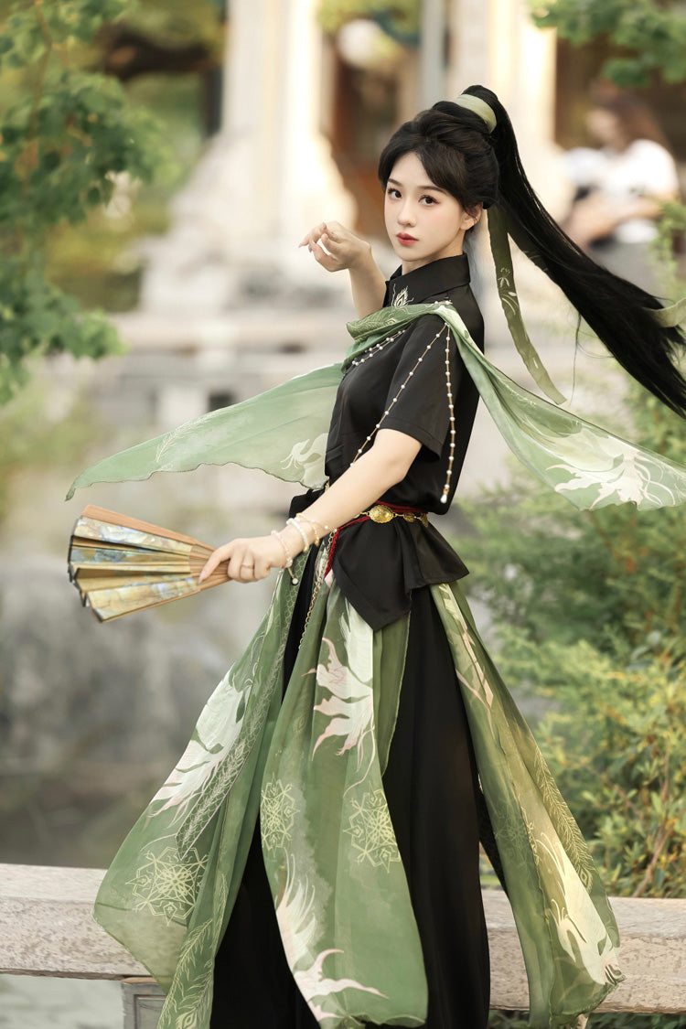 Black/Green Lapel Collar Short Sleeves Embroidered Sweet Chinese Inspired Wuxia Style Ouji Hanfu Pants Set - Product - 12