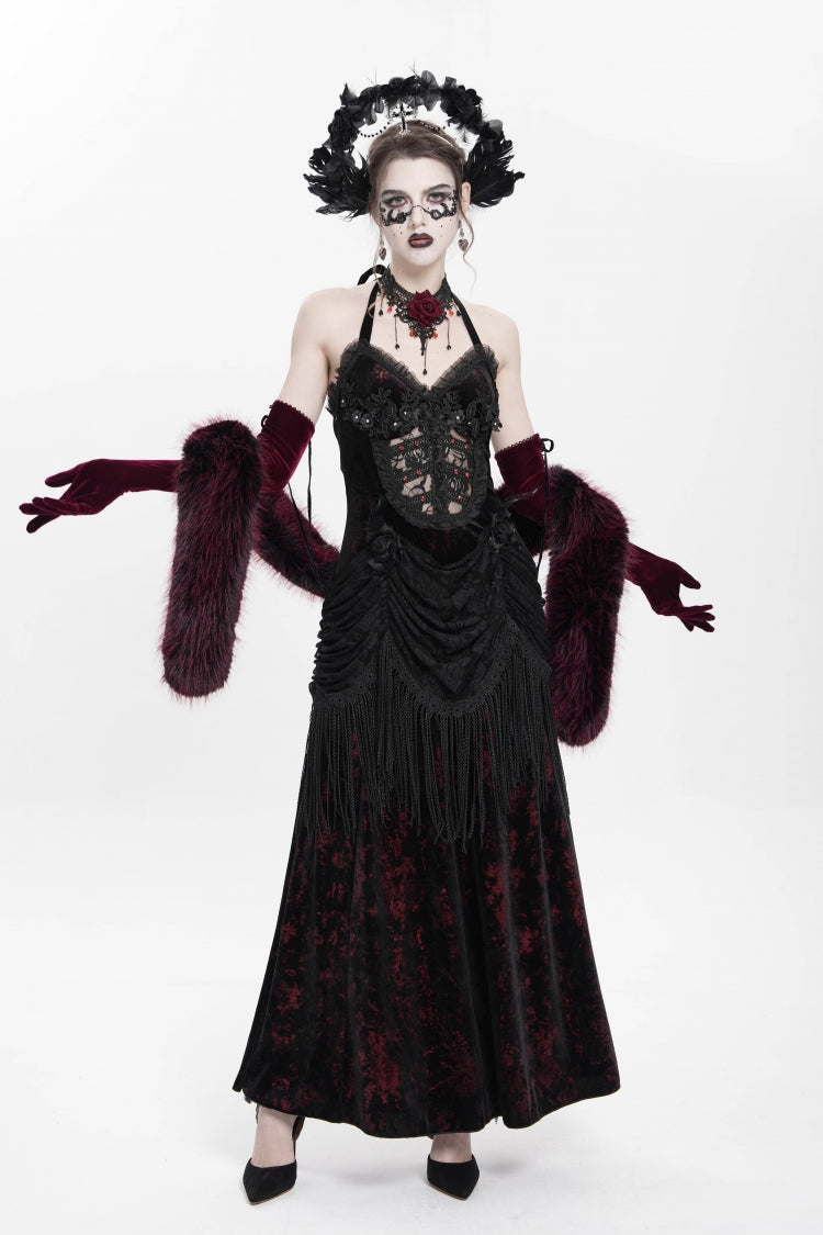 Red Sleeveless Hollow Floral Embroidery Lace-Up Pleated Women's Gothic Maxi Dress - Product - 10