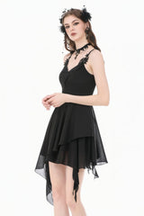 Black V Collar Lace Embroidered Asymmetric Women's Gothic Slip Dress - Product - 5
