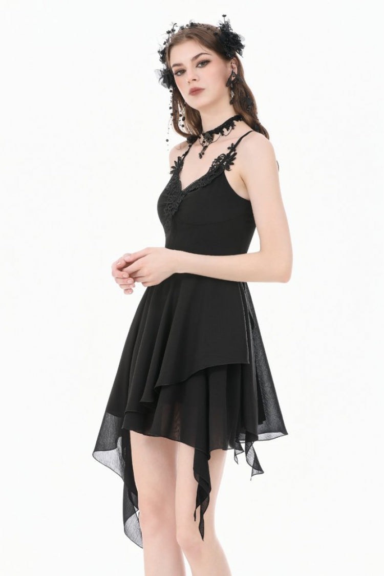 Black V Collar Lace Embroidered Asymmetric Women's Gothic Slip Dress - Product - 5