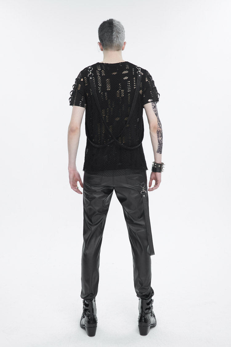 Black Half Hollow Shoulder Tie Design Men's Punk T-Shirt - Product - 5