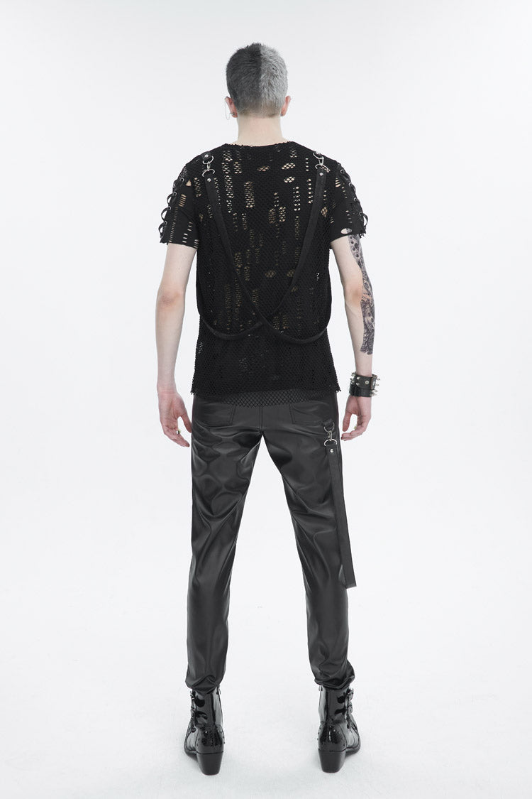 Black Half Hollow Shoulder Tie Design Men's Punk T-Shirt - Product - 5