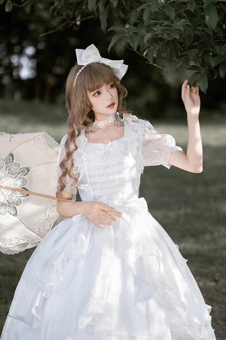 White Ode to Floating Lights Fantasy Fairy Short Sleeves Ruffle Sweet Elegant Lolita Dress - Product - 7
