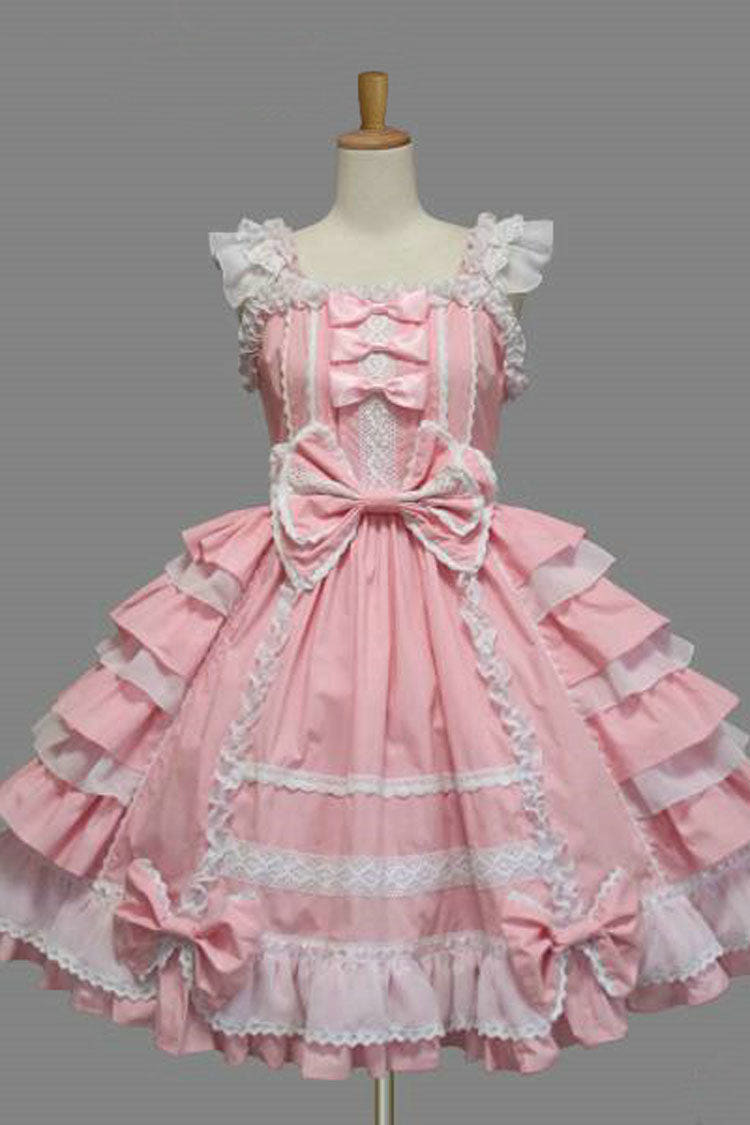 Lace Square Neck Cap Sleeve Knee Length Ruffled Bowknot Sweet Lolita Dress - Pink - 1