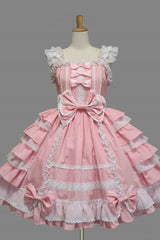 Lace Square Neck Cap Sleeve Knee Length Ruffled Bowknot Sweet Lolita Dress - Pink - 1