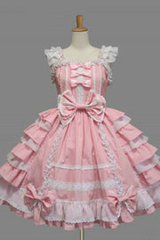 Lace Square Neck Cap Sleeve Knee Length Ruffled Bowknot Sweet Lolita Dress - Pink - 1