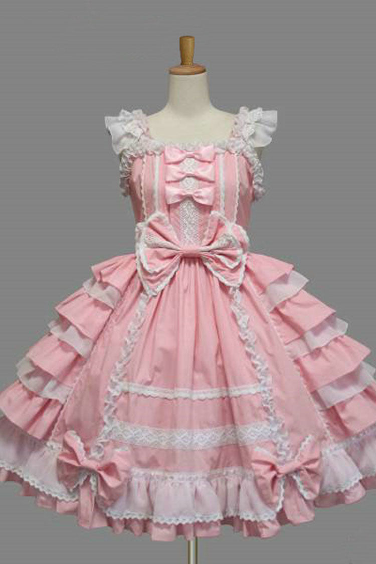 Lace Square Neck Cap Sleeve Knee Length Ruffled Bowknot Sweet Lolita Dress - Pink - 1