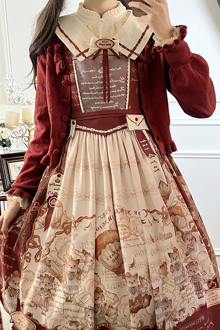 Wine Red [Fox Band] Print Square Collar Bowknot Classic Lolita Jumper Dress - Product - 15