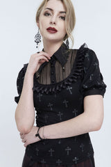 Black Chest Paneled Chiffon Lace Collar Lace Strap Pendant Cross Print Women's Punk Shirt - Product - 3